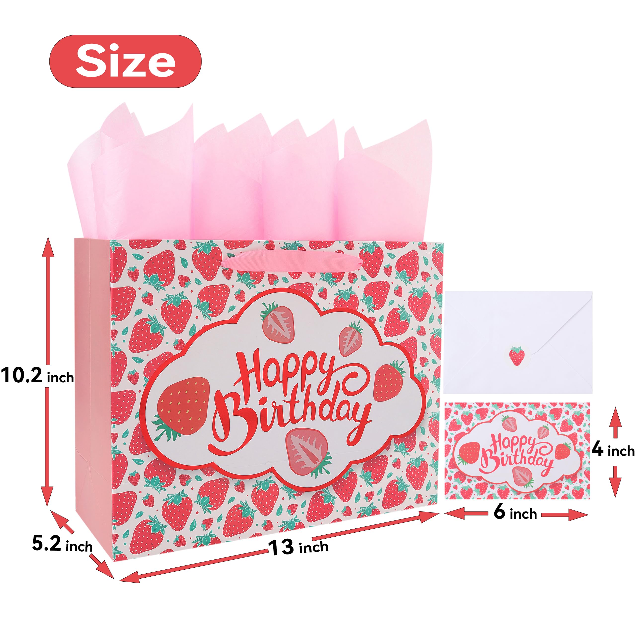 13” Large Strawberry Happy Birthday Gift Bag Set with Handles, Greeting Card, Tissue Papers and Stickers for Girls Kids Teens Women, Fruit Themed Birthday Design, 1 Pcs