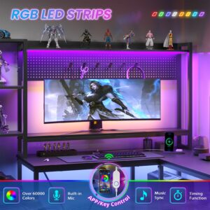 L Shaped Gaming Desk with Shelves, Reversible Computer Desk with Power Outlets LED Light, Home Office Desk with Monitor Stand Storage Racks 2 Drawers 5 Shelves Pegboard 8 Hooks Mouse Pad(Black)