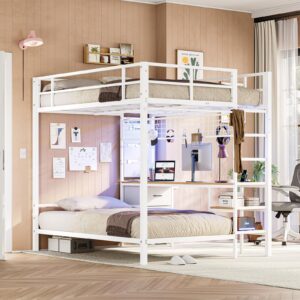 DICTAC Full Over Twin Size Bunk Bed with Desk and Led Lights Metal Loft Bed Frame with Charging Station,Storage Shelves and Drawers for Teen & Adults,Safety Guard & Ladder,No Box Spring Needed,White