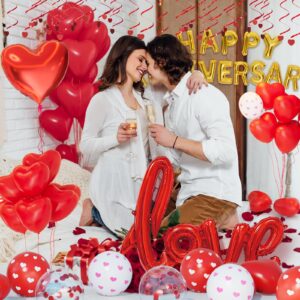 Anniversary Decorations Valentines Day Decorations Valentines Day Balloons with Happy Anniversary Banner Heart Balloons Heart Hanging String Rose Petals for Valentines Romantic Decorations