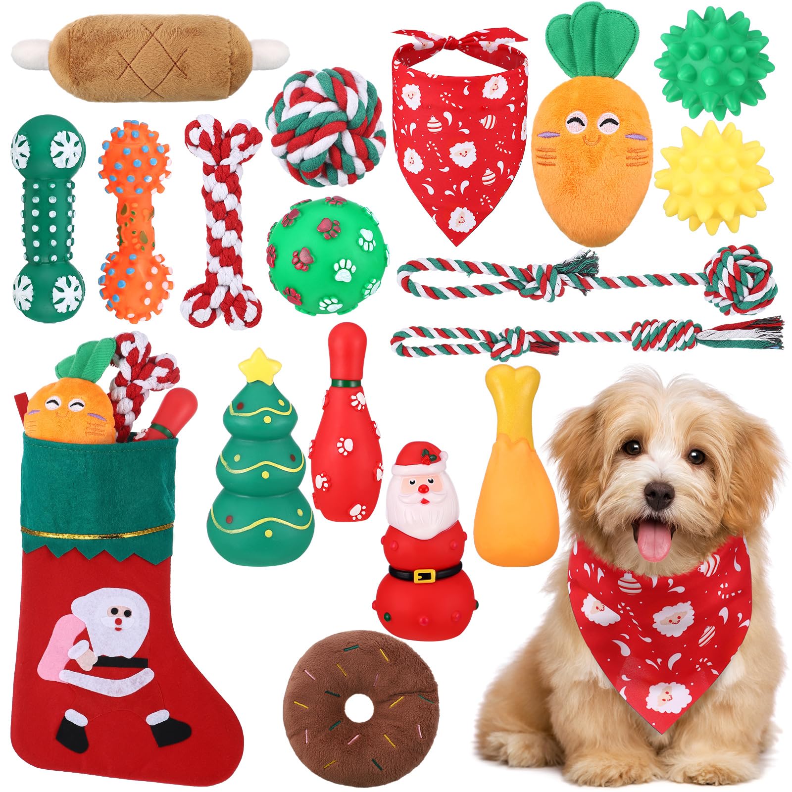 Talltalk 18 Pcs Dog Christmas Stocking with Toys Puppy Chew Toys Set for Small Medium Dogs Squeaky Xmas Puppy Chew Toys Colored Interactive Toys Dogs Training Dental Health Cotton Rope Toys Xmas Gifts