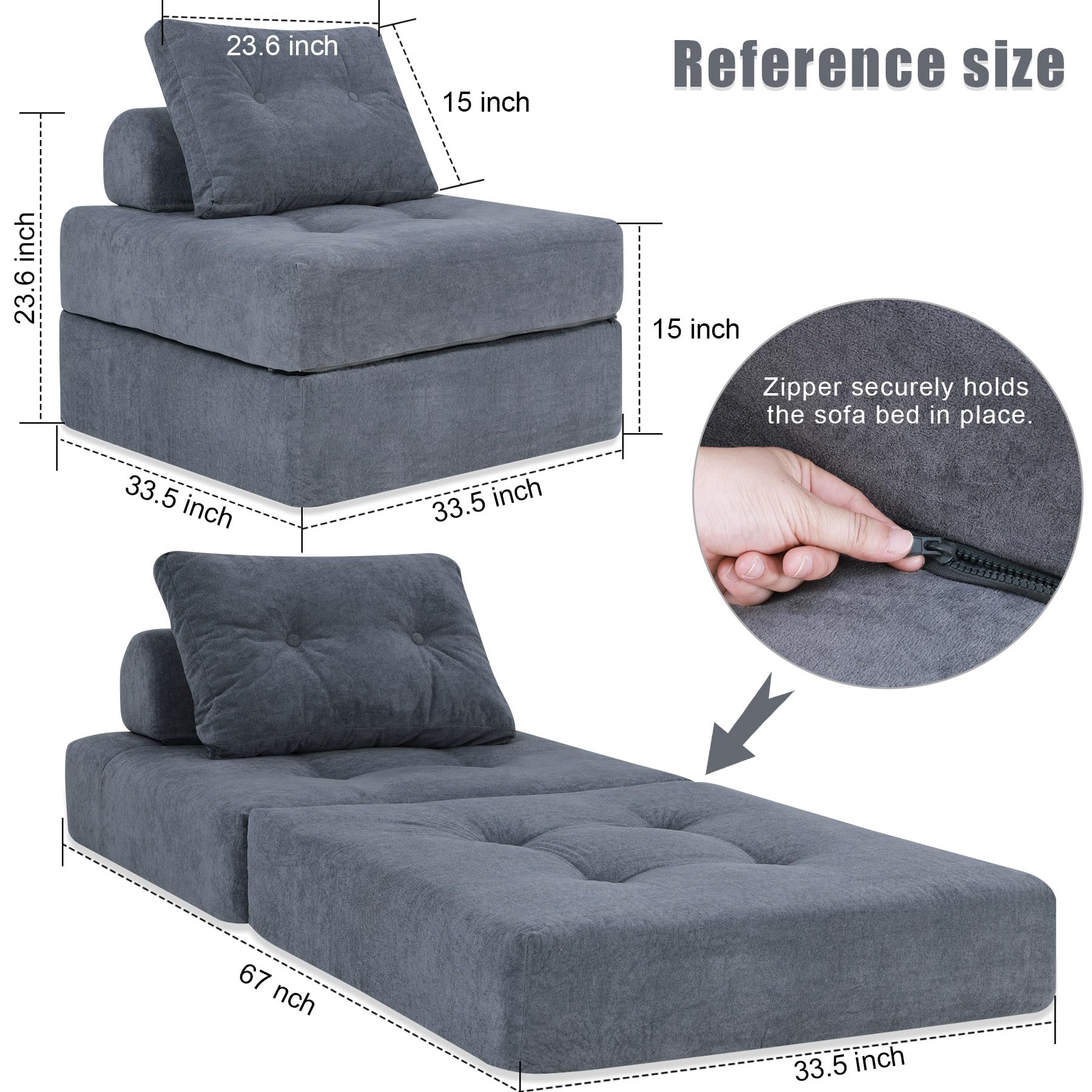 Futon Sofa Bed,Sleeper Chair - Convertible Sectional Sleeper Sofa with Pillow, Floor Bed Mattress for Guest Bed,Removable Zippered Back Support, Perfect for Living Room and Bedroom (SlateGray)