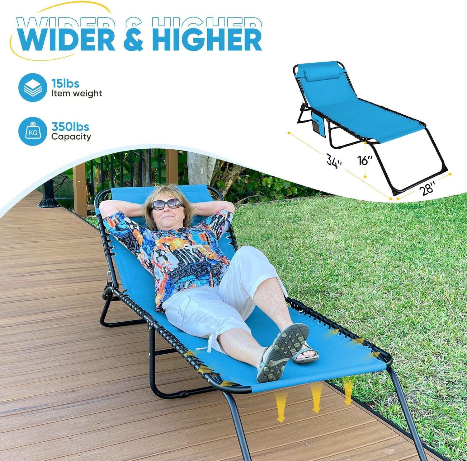 EZCHEER Folding Chaise Lounge Oversize, 16 inch High Portable Sunbathing Chair, Extra Wide XL Outdoor Chair with Storage Bag, Blue