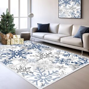 tinideya christmas area rug 5 x 7 ft blue snowflakes winter area rug for indoors washable blue silver xmas door mat holiday decor carpet for christmas kitchen living room bathroom decor