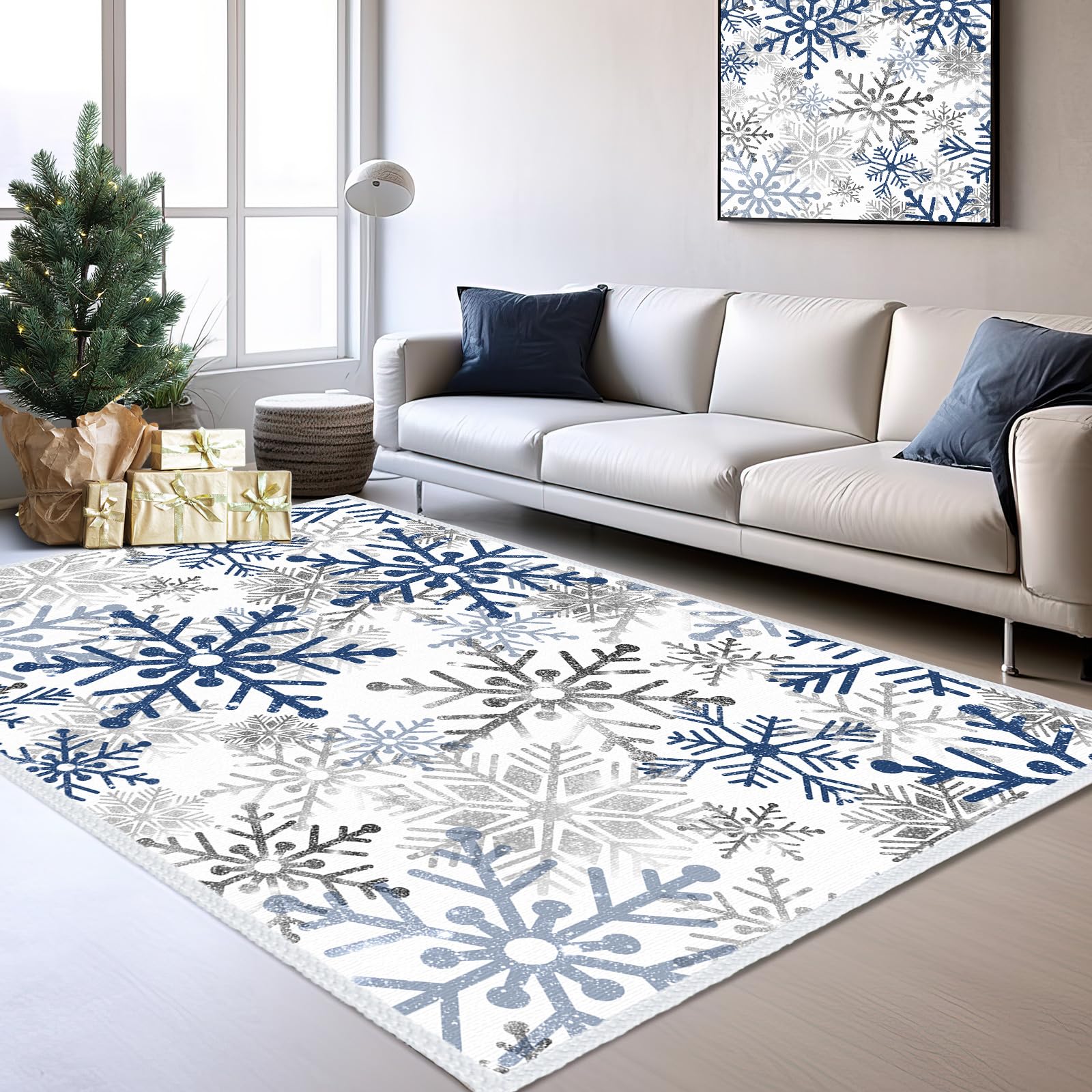 Tinideya Christmas Area Rug 5 x 7 ft Blue Snowflakes Winter Area Rug for Indoors Washable Blue Silver Xmas Door Mat Holiday Decor Carpet for Christmas Kitchen Living Room Bathroom Decor