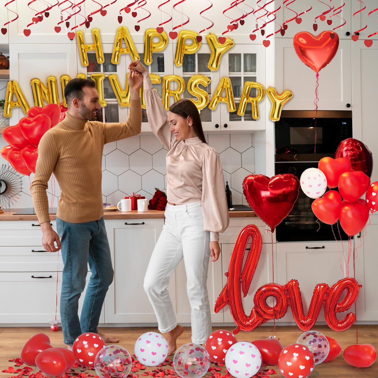 Anniversary Decorations Valentines Day Decorations Valentines Day Balloons with Happy Anniversary Banner Heart Balloons Heart Hanging String Rose Petals for Valentines Romantic Decorations