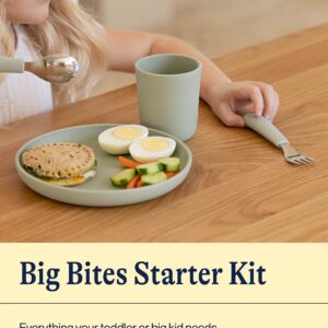 Lalo Big Bites Kids Dinnerware Starter Set - Dishwasher Safe, BPA Free, Kids Tableware Set - Includes Stackable Bowl, Plate, Utensils & Cup - 5 Pieces - Olive