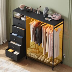 Black Dresser with Hanging Rack, Dresser for Bedroom with 5 Drawers, Clothes Dresser with Led Lights, Closet Dresser with Charging Station, 47 Inch Dresser with Shelves for Bedroom, Closet