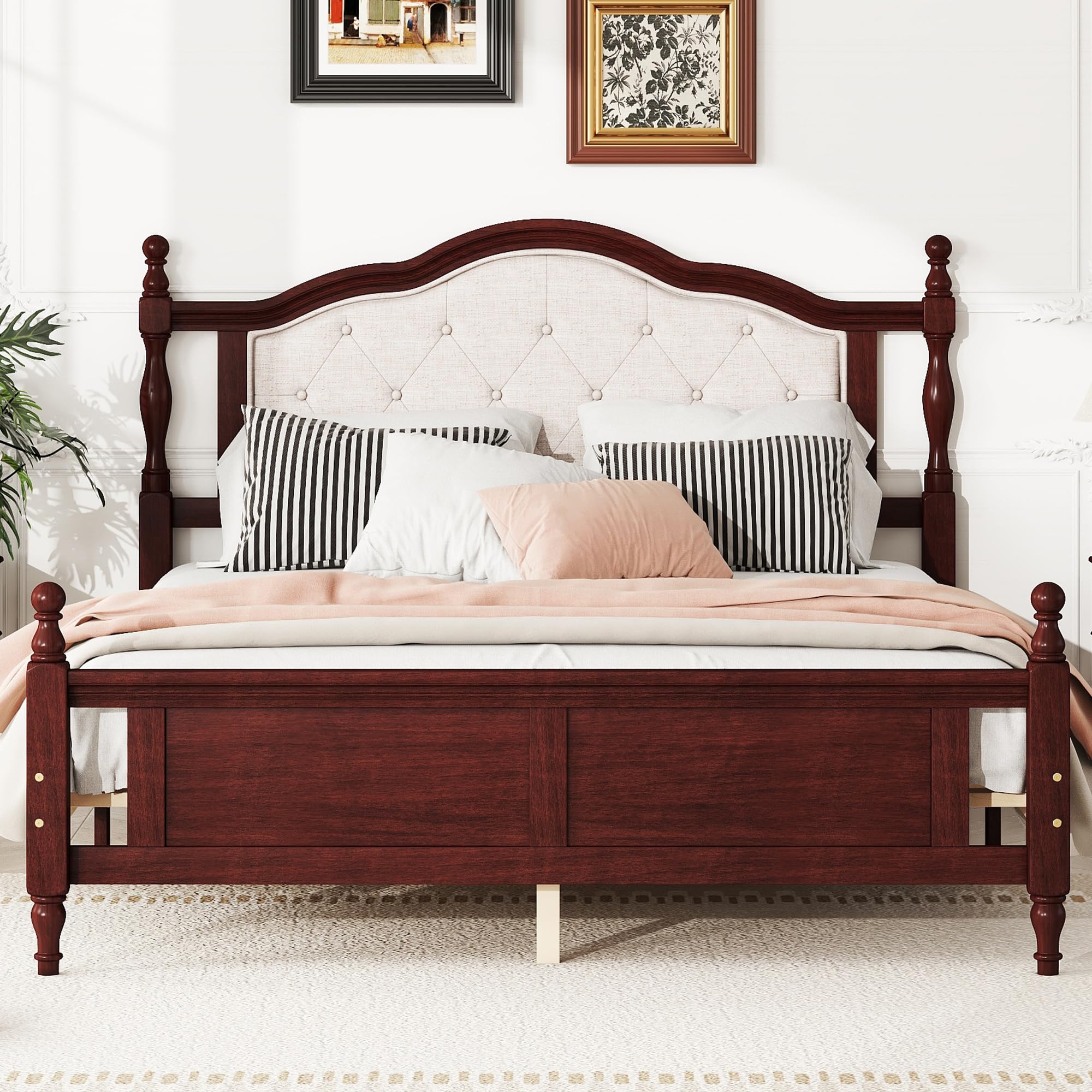 MKABAK Queen Size Bed Frame with Upholstered Headboard and Panel Footboard, Rustic Retro Style Pine Wood Platform Bed with Slat, No Box Spring Needed, Classic Cherry