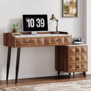 tribesigns computer desk with 5 drawers, extendable home office desk with drawer cabinet printer stand, modern study writing table workstation for bedroom, living room, small spaces, brown & white