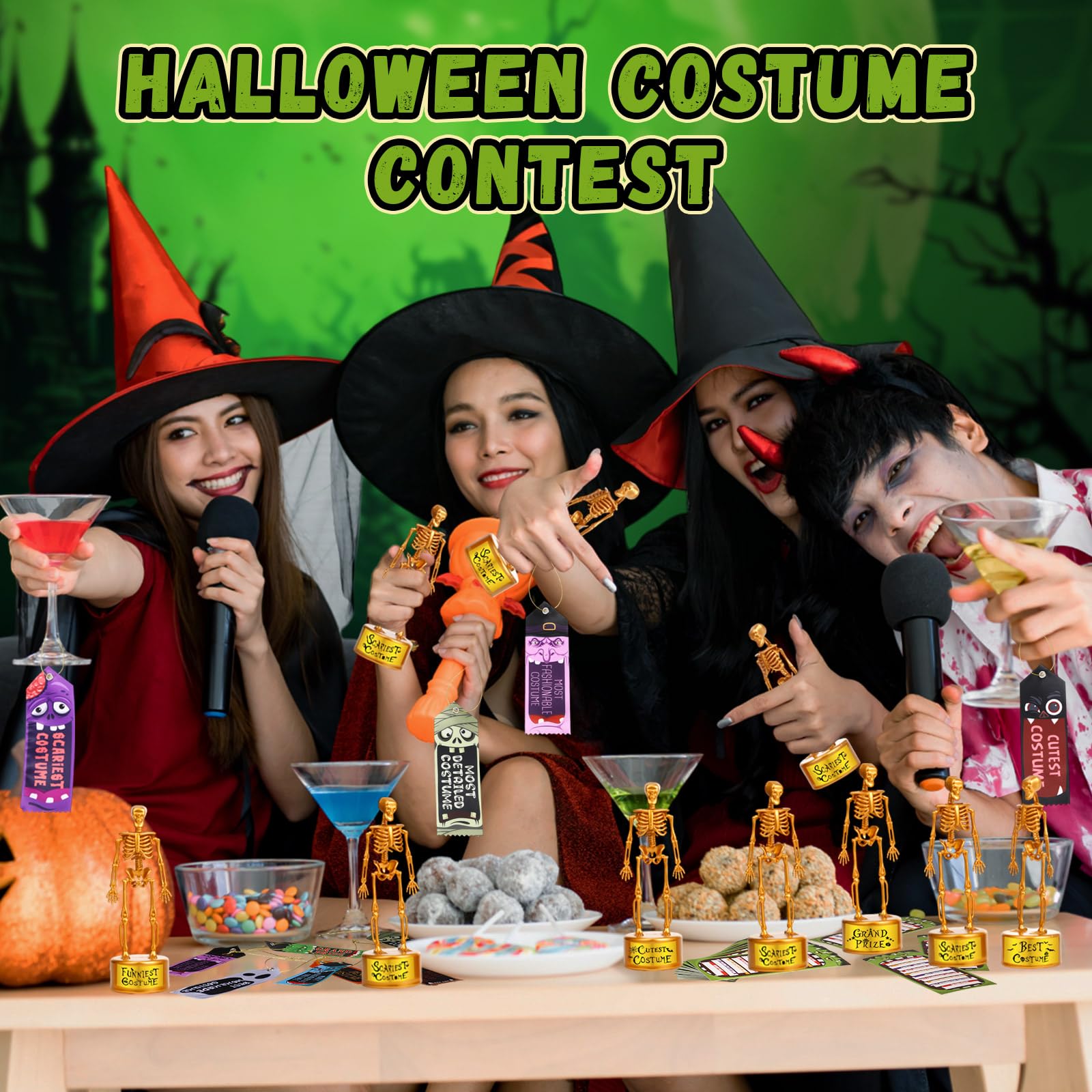 Seenelling 72 Pack Halloween Party Costume Contest Ballot Set of Boxes, 40 Voting Ballots, 10 Skeleton Trophy, 10 Award Ribbons and 12 Gold Stickers for Home Indoor Office Vote Party Game