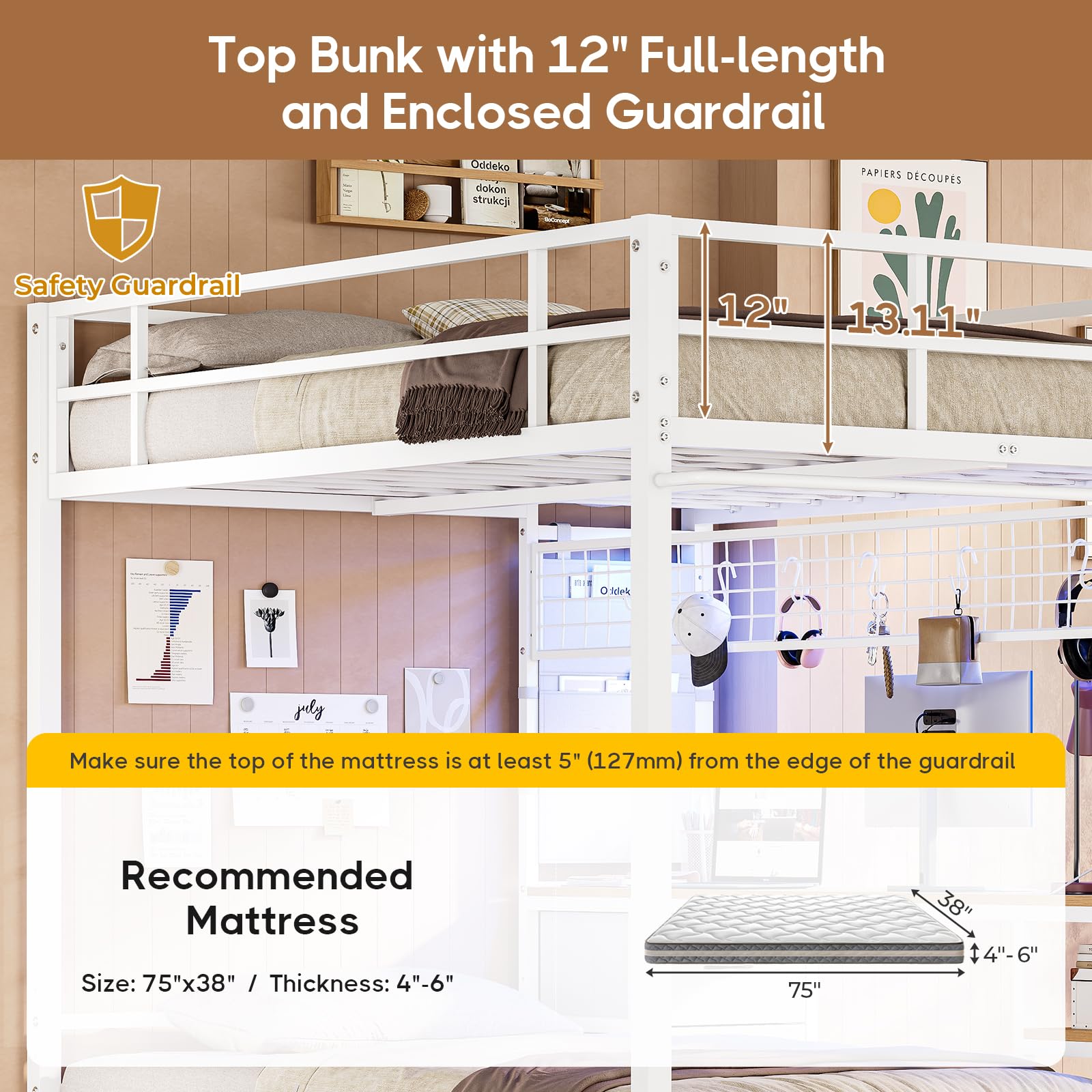 DICTAC Full Over Twin Size Bunk Bed with Desk and Led Lights Metal Loft Bed Frame with Charging Station,Storage Shelves and Drawers for Teen & Adults,Safety Guard & Ladder,No Box Spring Needed,White