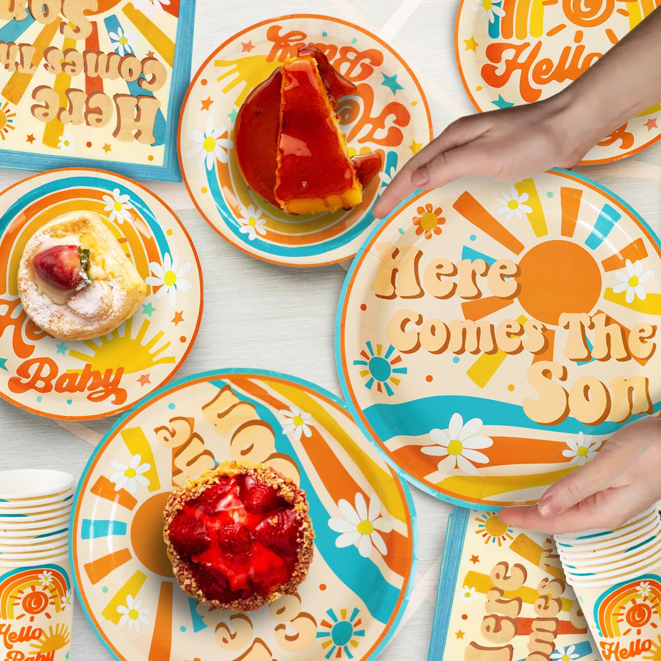 Here Comes The Son Baby Shower Decor Here Comes The Son Baby Showe Plates Napkins Cups Tablecloth Banner Balloons and Cake Topper Sun Retro Boho Sunshine Birthday Party Supplies, Serves 20