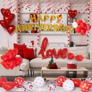 Anniversary Decorations Valentines Day Decorations Valentines Day Balloons with Happy Anniversary Banner Heart Balloons Heart Hanging String Rose Petals for Valentines Romantic Decorations