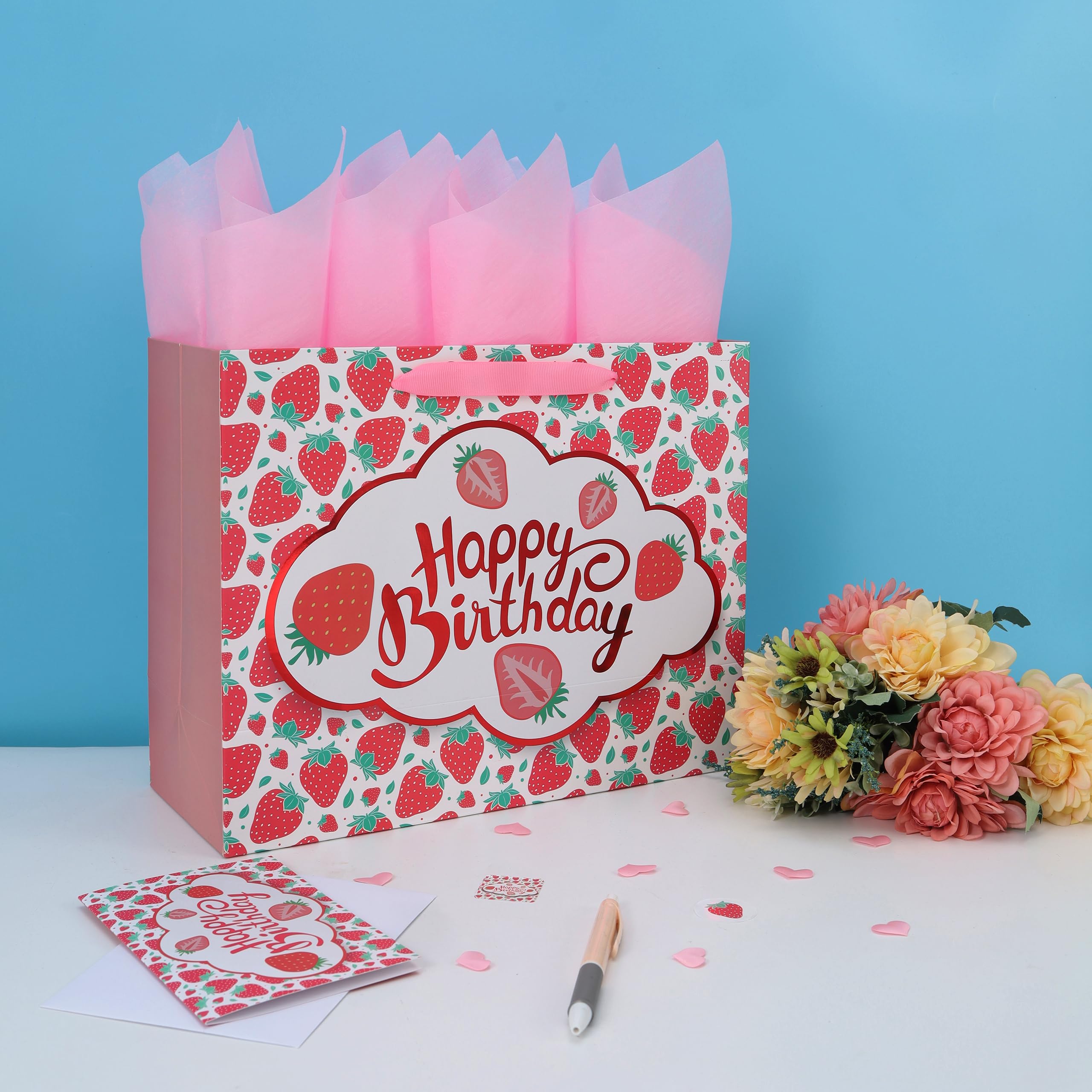 13” Large Strawberry Happy Birthday Gift Bag Set with Handles, Greeting Card, Tissue Papers and Stickers for Girls Kids Teens Women, Fruit Themed Birthday Design, 1 Pcs