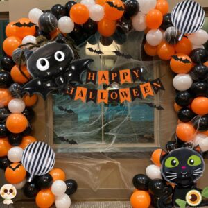 halloween balloon garland arch kit, halloween party decorations with bats & black cat foil balloons black orange white balloons, happy halloween banner, halloween party decor supplies