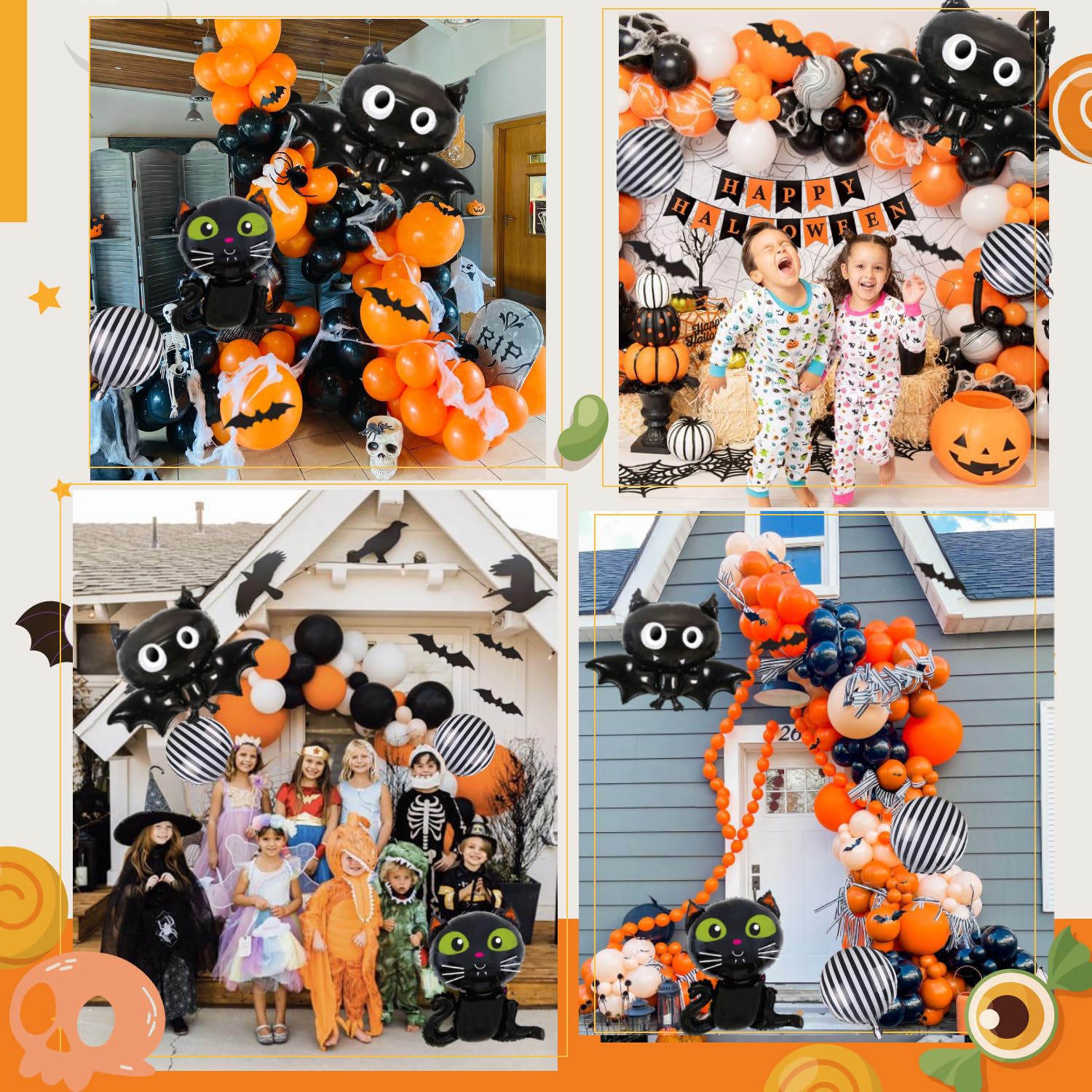 Halloween Balloon Garland Arch Kit, Halloween Party Decorations with Bats & Black Cat Foil Balloons Black Orange White Balloons, Happy Halloween Banner, Halloween Party Decor Supplies