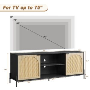 TV Stand for 75 inch TV, Entertainment Center with Storage, 65 inch TV Console Table with 2 Doors, Wooden Media Console Cabinet with Metal Legs, Rattan TV Stand for Living Room, Bedroom - Black