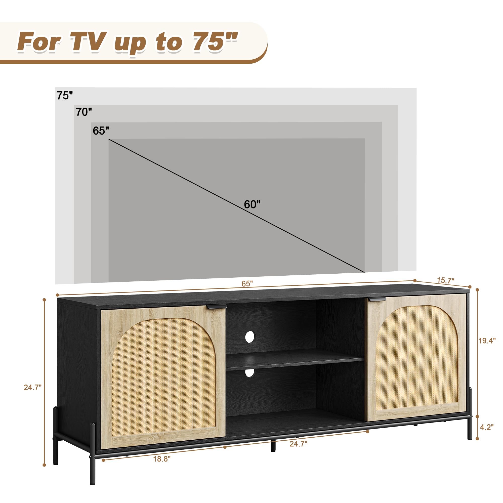 TV Stand for 75 inch TV, Entertainment Center with Storage, 65 inch TV Console Table with 2 Doors, Wooden Media Console Cabinet with Metal Legs, Rattan TV Stand for Living Room, Bedroom - Black