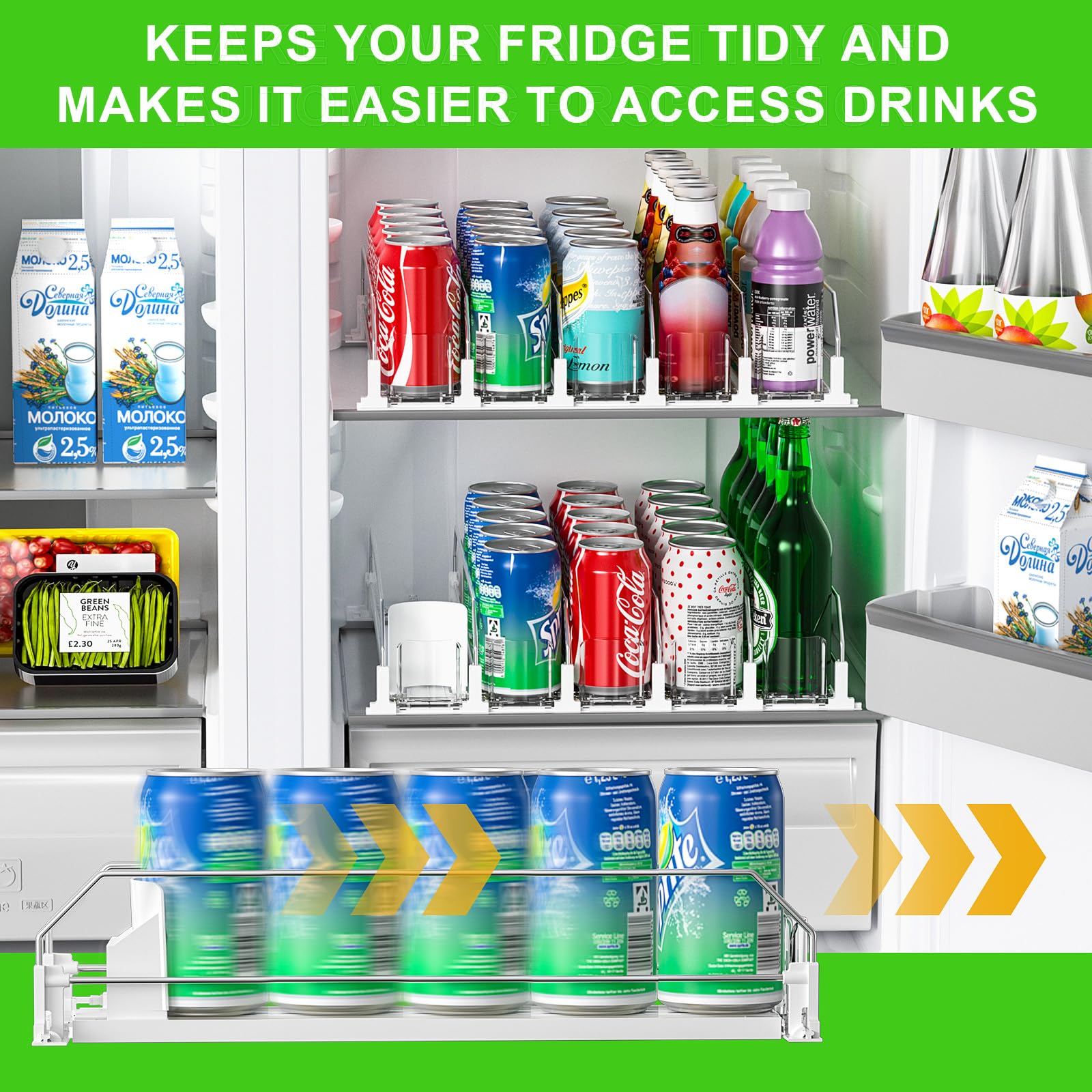 KUUKIKV Drink Organizer for Fridge, Upgraded Soda Can Dispenser for Refrigerator, Automatic Pusher Glide and Adjustable Width Can Organizer for Refrigerator - Holds up to 25 Cans (5 Rows White)