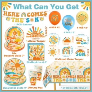 Here Comes The Son Baby Shower Decor Here Comes The Son Baby Showe Plates Napkins Cups Tablecloth Banner Balloons and Cake Topper Sun Retro Boho Sunshine Birthday Party Supplies, Serves 20