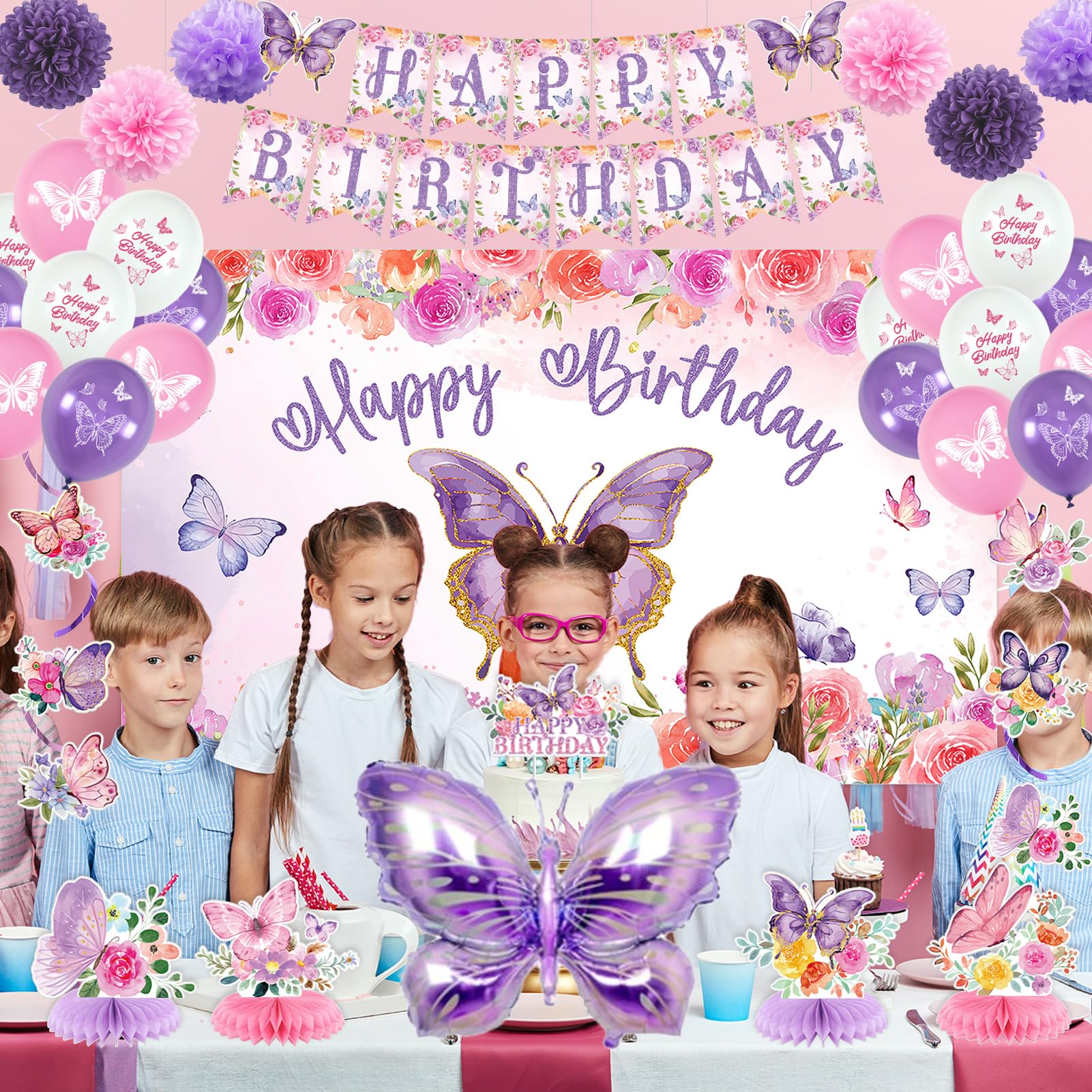 Roetyce Butterfly Birthday Decorations, 37PCS Butterfly Happy Birthday Banner Balloons Honeycomb Centerpieces Cake Topper Kit, Purple and Pink Birthday Party Decorations for Girls Women