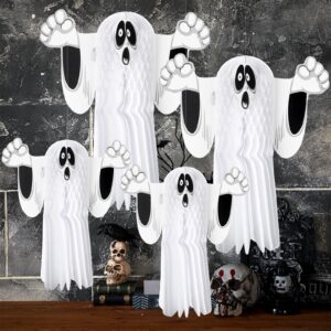 fourluoo 4 pcs halloween ghost hanging decorations honeycomb tissue paper ghost shaped party decoration ghost paper lanterns for home outdoor decor(21.7" x 16.5", 15' x 12.6",scary)