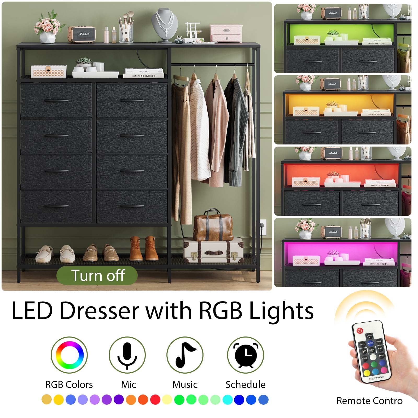 Black Dresser for Bedroom with 8 Drawers, Bedroom Dresser with Hanging Rack, Clothes Dresser with Led Lights, Closet Dresser with Charging Station, 47 Inch Dresser with Shelves for Bedroom, Closet