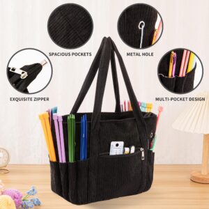 KGMCARE Crochet Bag, Tote Storage for Crocheting Knitting, Corduroy Yarn Storage Bag for Crochet Hooks, Crochet Supplies and Accessories, Crochet Projects (Black)