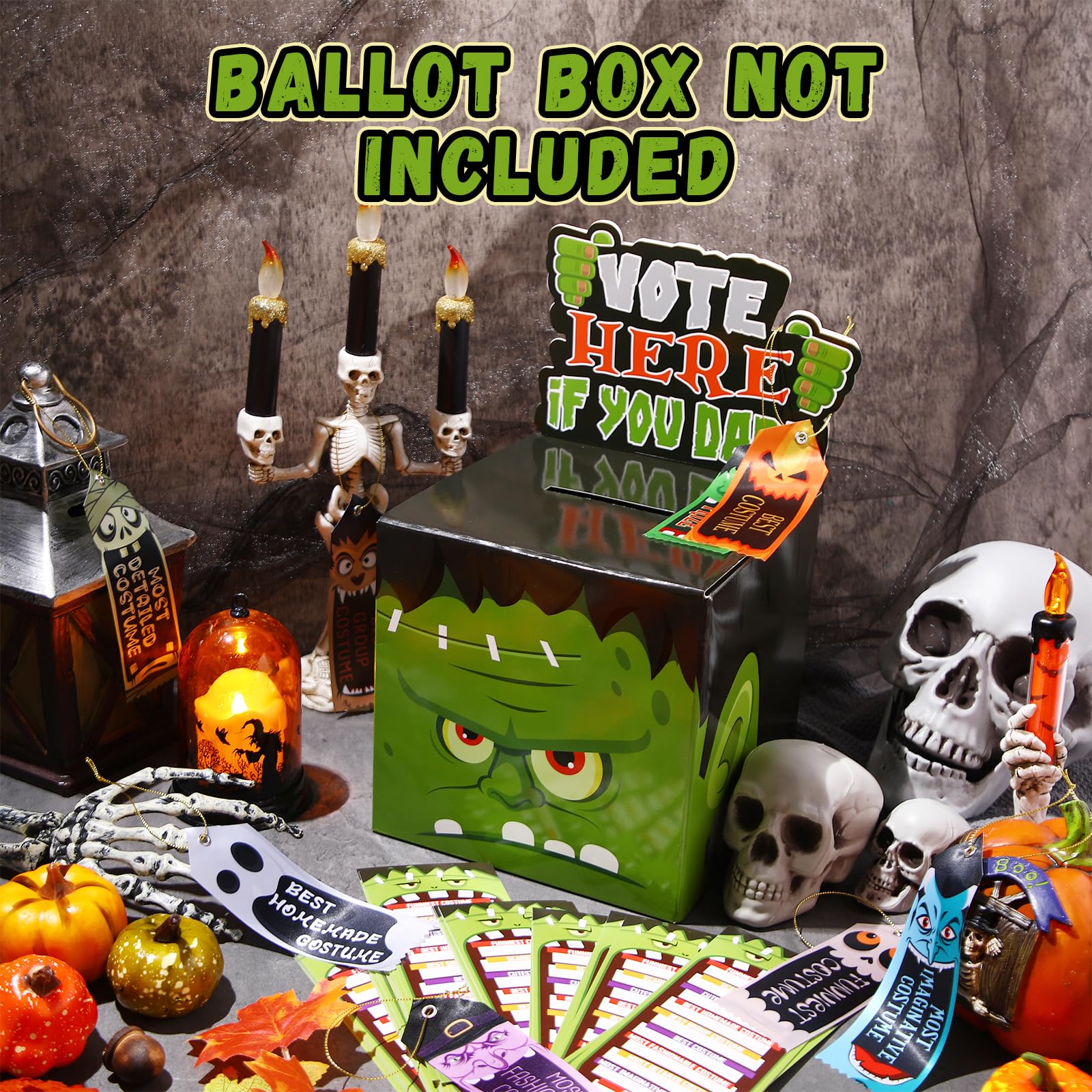 Seenelling 72 Pack Halloween Party Costume Contest Ballot Set of Boxes, 40 Voting Ballots, 10 Skeleton Trophy, 10 Award Ribbons and 12 Gold Stickers for Home Indoor Office Vote Party Game