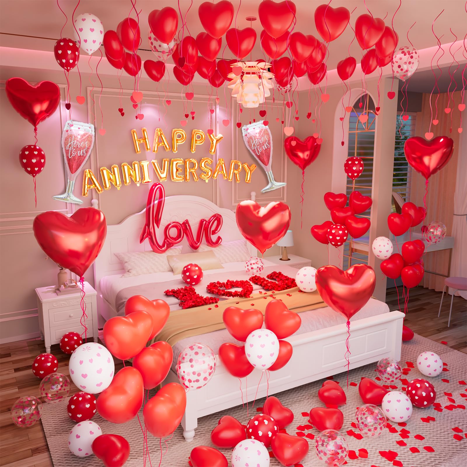 Anniversary Decorations Valentines Day Decorations Valentines Day Balloons with Happy Anniversary Banner Heart Balloons Heart Hanging String Rose Petals for Valentines Romantic Decorations