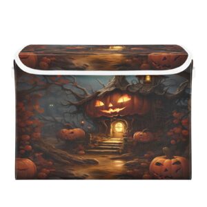 SUABO Halloween Pumpkin Castle Storage Bin with Lid Large Oxford Cloth Storage Boxes Foldable Home Cube Baskets Closet Organizers for Nursery Bedroom Office