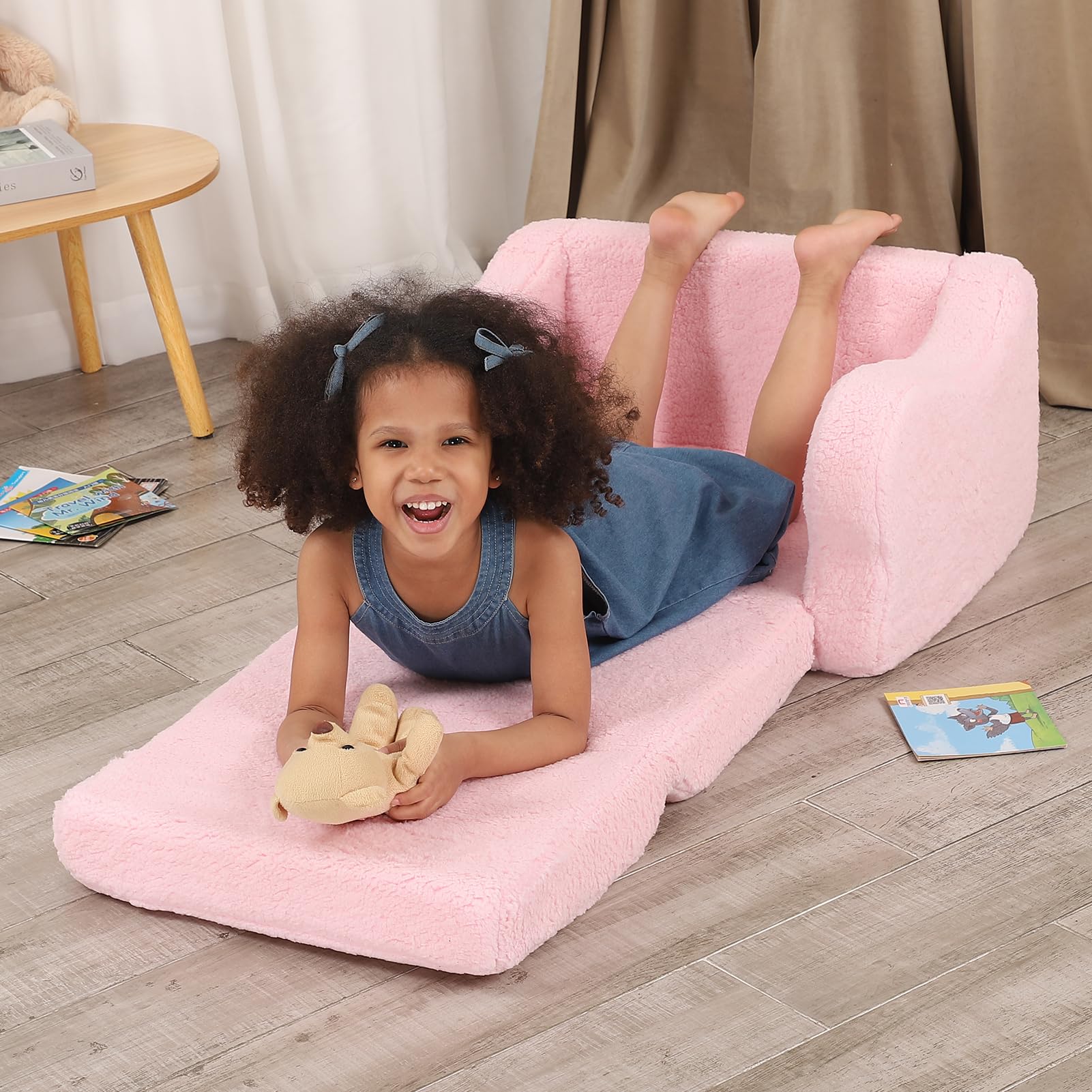 BestRoyal Comfy Toddler Chair, 2-in-1 Toddler Couch Fold Out, Convertible Sherpa Sofa to Lounger for Boys & Girls, Pink