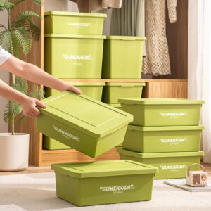 Storage Bins With Lids Set of 4, Green Stackable Boxes,Lid Buckles Bins,Garage container,Shelves, Office,Bedroom,Outdoors Plastic Storage Box for Organizing clothes,books,snacks,sundries（Green,4M）