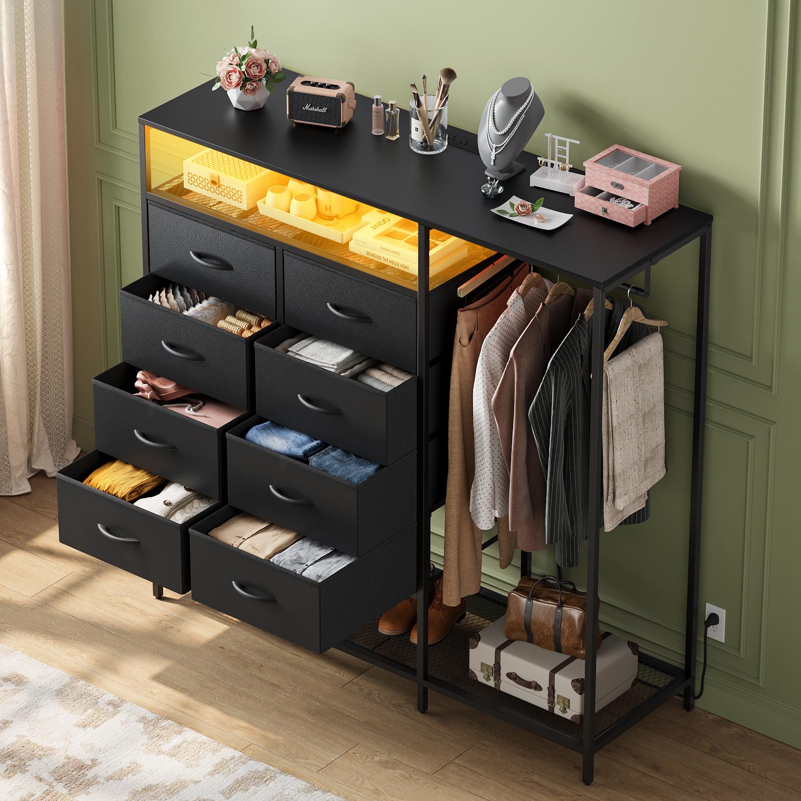 Black Dresser for Bedroom with 8 Drawers, Bedroom Dresser with Hanging Rack, Clothes Dresser with Led Lights, Closet Dresser with Charging Station, 47 Inch Dresser with Shelves for Bedroom, Closet