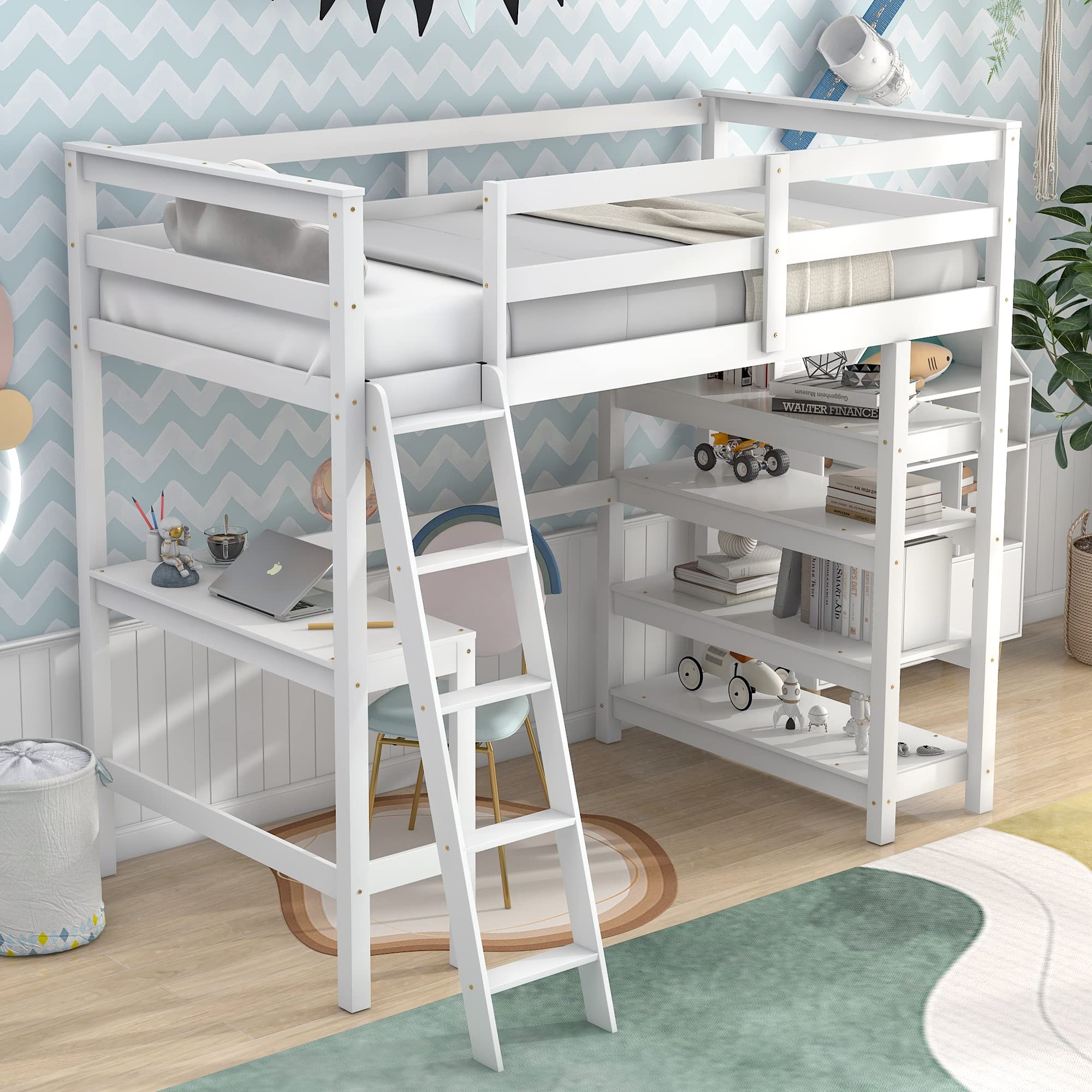 Favfurish Wooden Twin Loft Bed,with Built in Study Desk and 4-Tier Storage Shelves & Tilt Ladder,No Spring Mattress Required,Space-Saving Design,for Boys Girls Bedroom,White