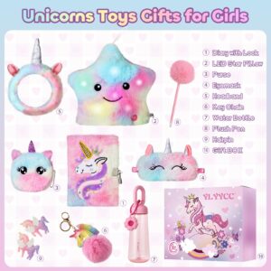 YLYYCC Unicorns Gifts Set for Girls Kids Age 6 7 8 9 10 Years Old, Unicorn Toys with Plush Star Light Up Pillow- Diary- Headband- Sleep Mask- KeyChain-Water Bottle, Teens Birthday Christmas Gift Ideas