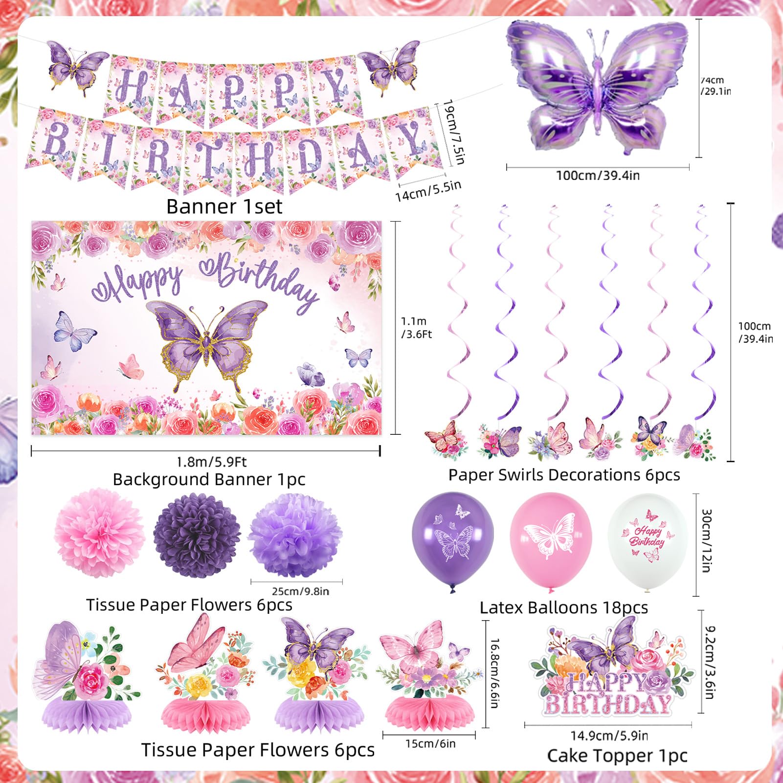 Roetyce Butterfly Birthday Decorations, 37PCS Butterfly Happy Birthday Banner Balloons Honeycomb Centerpieces Cake Topper Kit, Purple and Pink Birthday Party Decorations for Girls Women