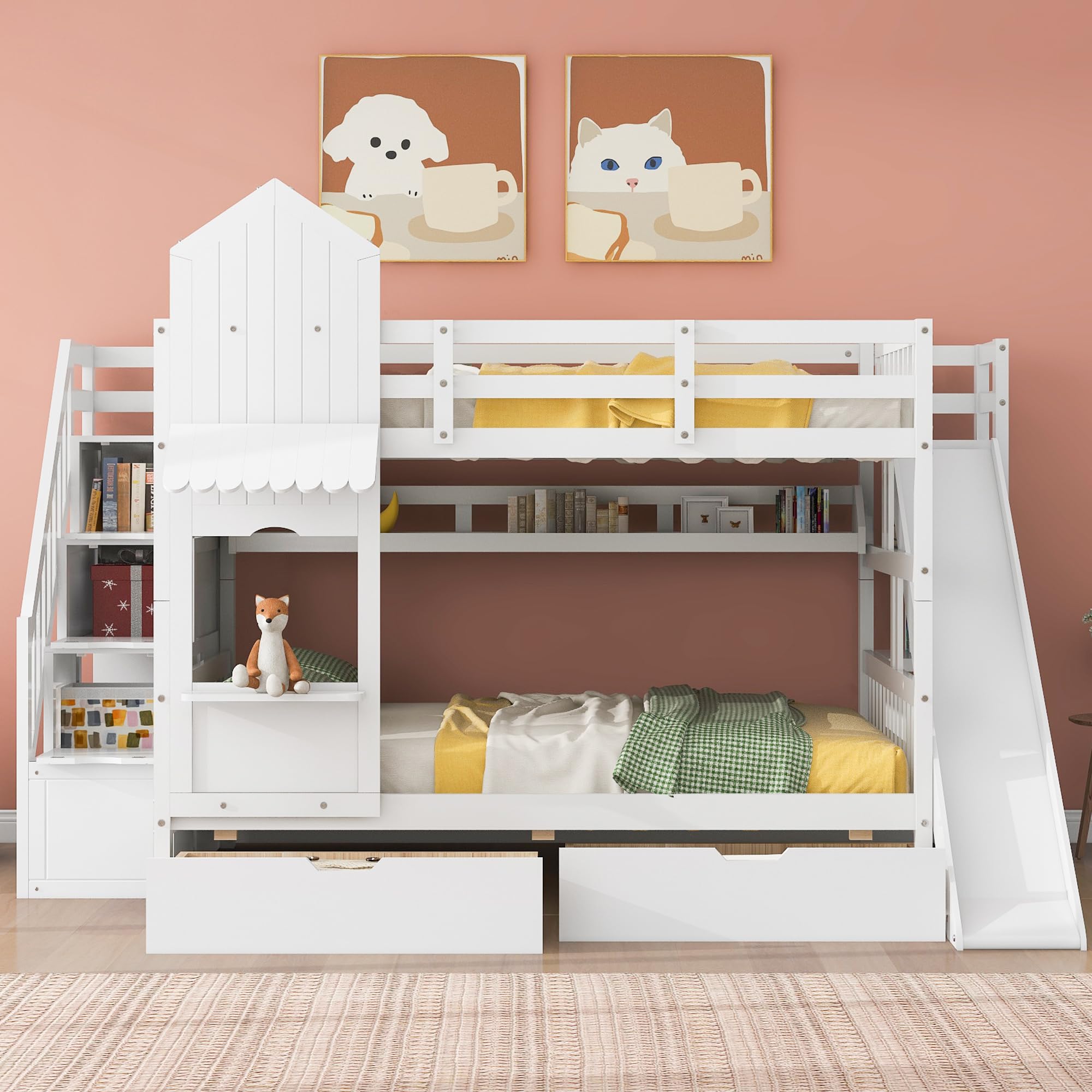 Harper & Bright Designs Full Over Full Bunk Bed with Stairs and Slide, Solid Wood Bunk Bed Frame with Storage Drawers and Bookshelf, for Kids Teens Adults- White