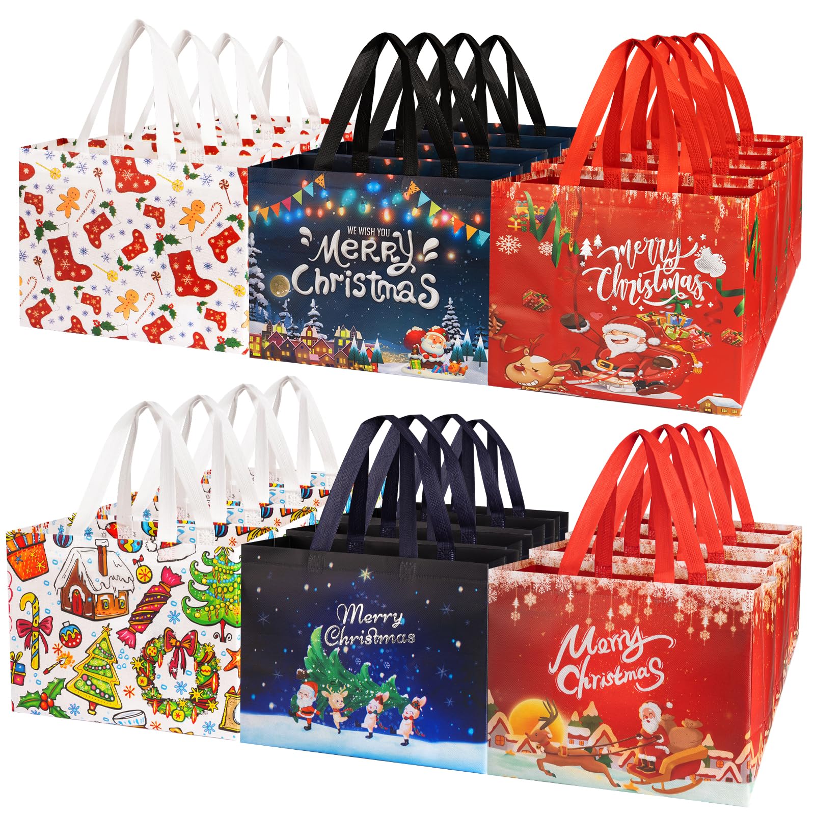 ToolValtz 24 Pack Christmas Gift Bags, Christmas Tote Bags with Handles, Reusable Non-Woven Christmas Treat Bags for Gift Wrapping, Shopping,Xmas Holiday Party Supplies Decor, 12.8×9.8×6.7"