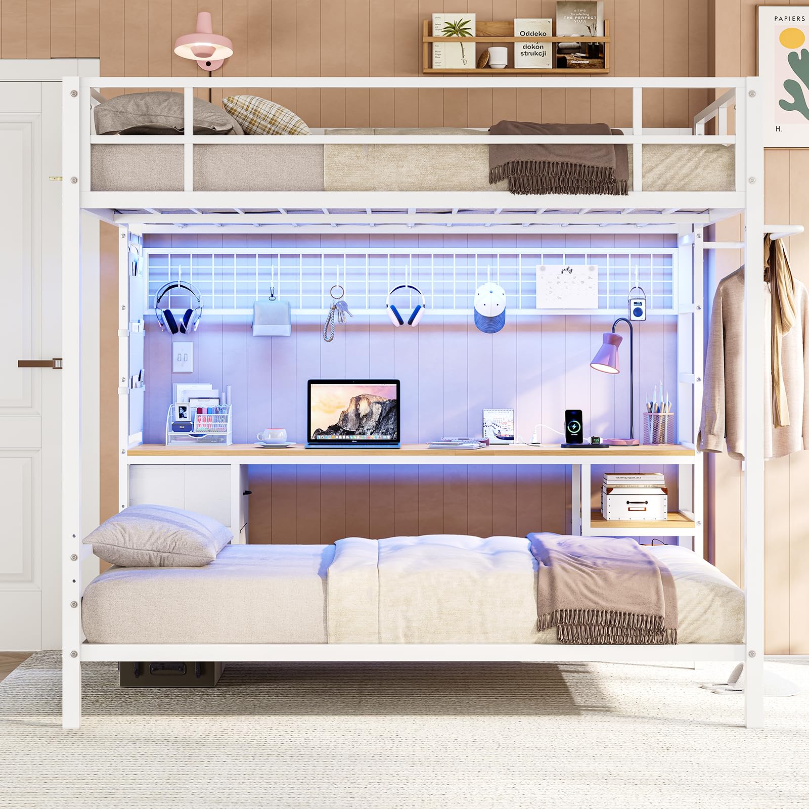 DICTAC Full Over Twin Size Bunk Bed with Desk and Led Lights Metal Loft Bed Frame with Charging Station,Storage Shelves and Drawers for Teen & Adults,Safety Guard & Ladder,No Box Spring Needed,White