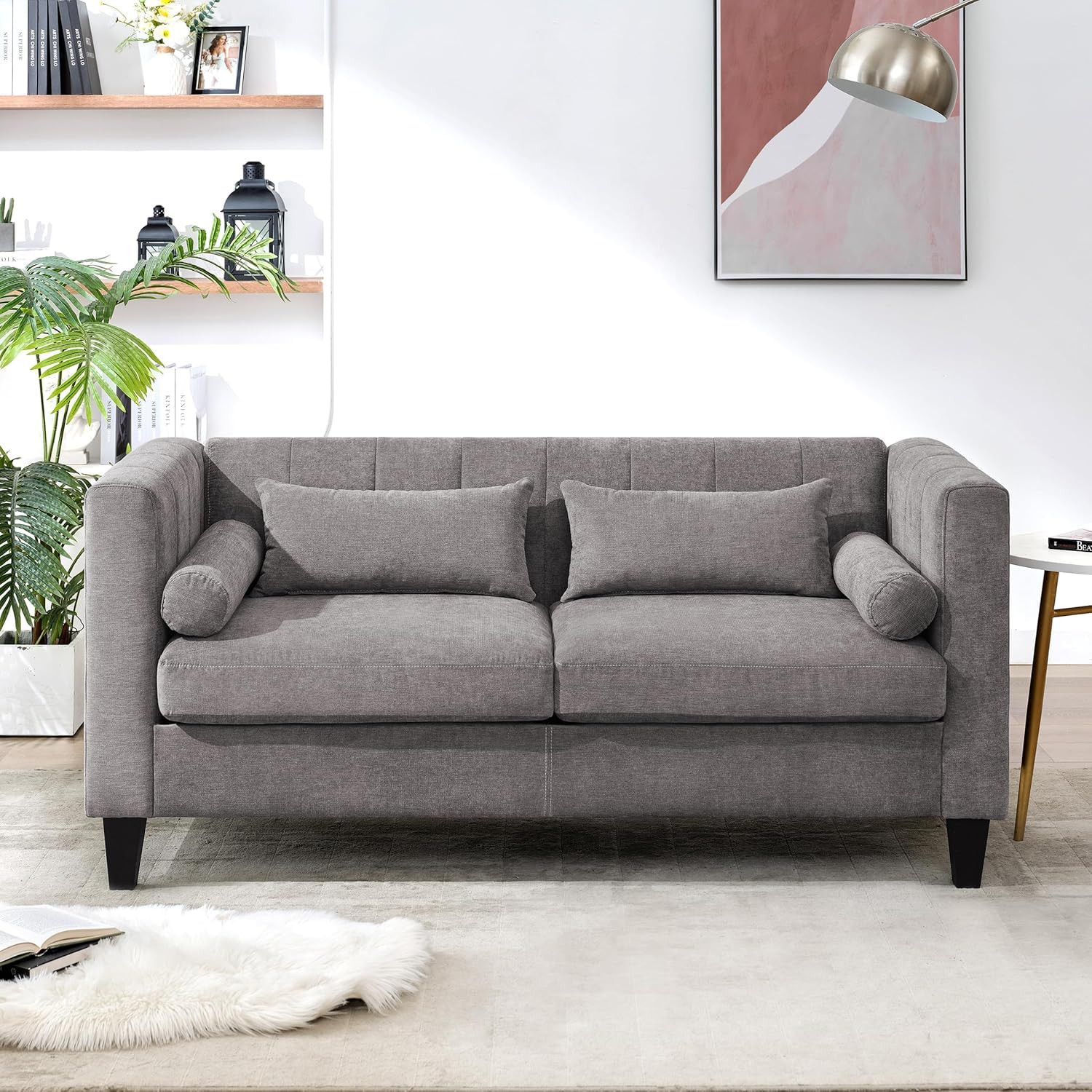 Weture 68.1 Inch Loveseat Sofa with 4 Pillows, Linen Comfy Mid Century Modern Couch for Small Spaces Bedroom, Love Seat for Living Room with Solid Wooden Frame and Padded Cushion, Gray