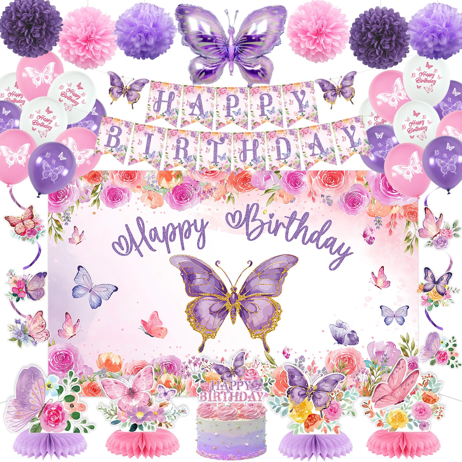 Roetyce Butterfly Birthday Decorations, 37PCS Butterfly Happy Birthday Banner Balloons Honeycomb Centerpieces Cake Topper Kit, Purple and Pink Birthday Party Decorations for Girls Women