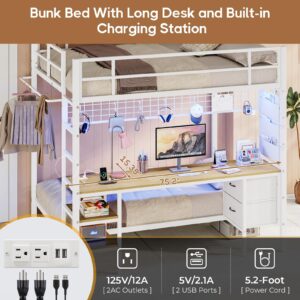 DICTAC Full Over Twin Size Bunk Bed with Desk and Led Lights Metal Loft Bed Frame with Charging Station,Storage Shelves and Drawers for Teen & Adults,Safety Guard & Ladder,No Box Spring Needed,White