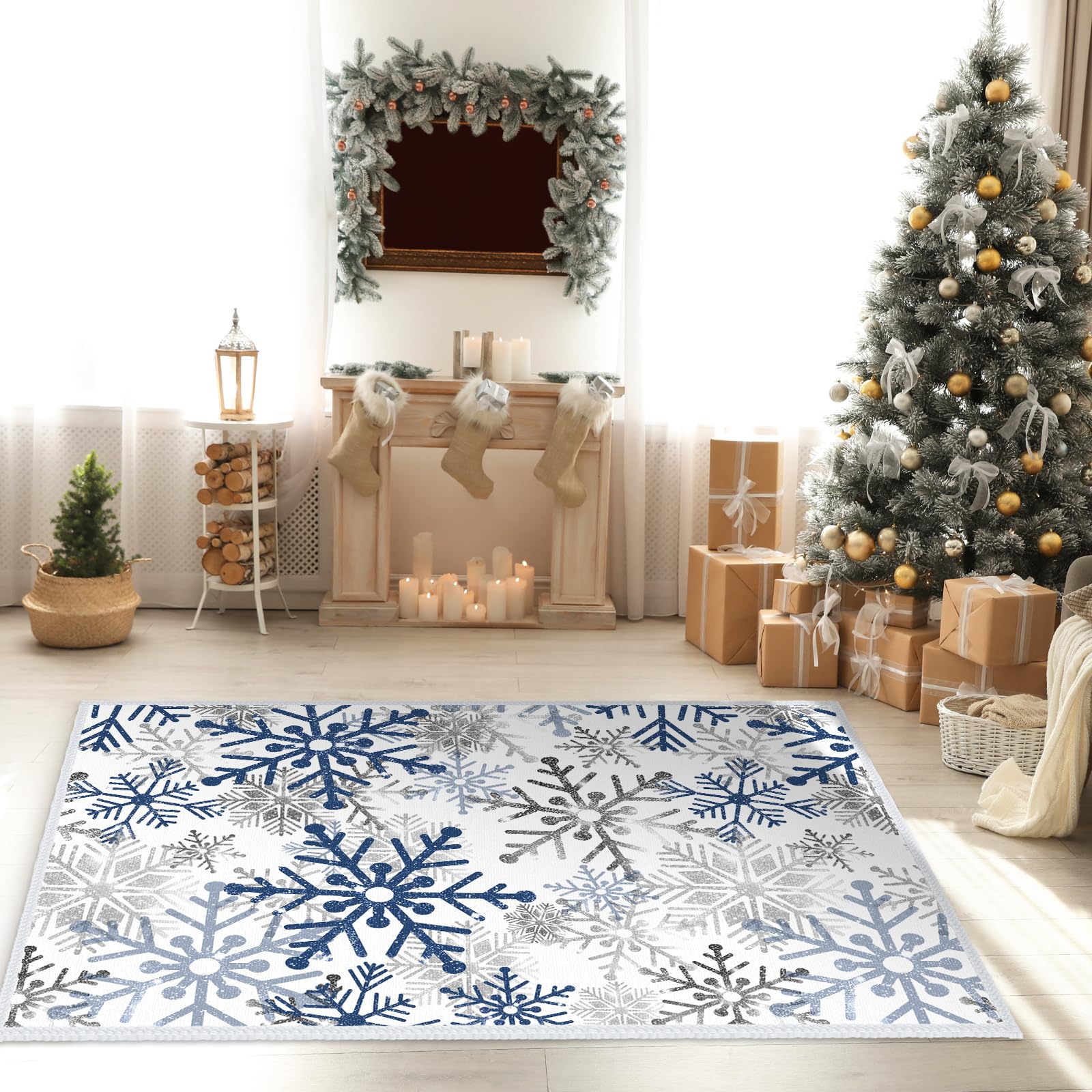 Tinideya Christmas Area Rug 5 x 7 ft Blue Snowflakes Winter Area Rug for Indoors Washable Blue Silver Xmas Door Mat Holiday Decor Carpet for Christmas Kitchen Living Room Bathroom Decor