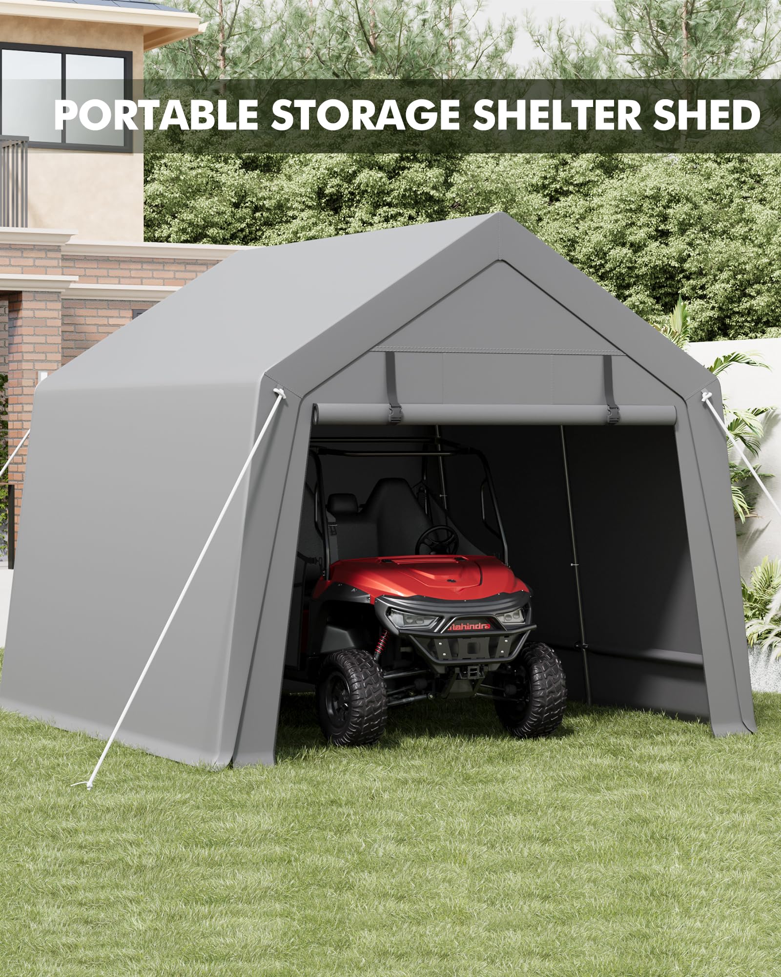 GarveeLife 6' x 8' Outdoor Portable Shed, Shelter Logic with Roll-up Zipper Door, Heavy Duty Waterproof Tarp, Storage Tent for Motorcycle, Bike, Firewood, Garden Tools