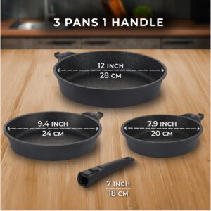 GIPFEL INTERNATIONAL 8, 10 and 12 Inch Nonstick Frying Pan Set of 3 - Cast Aluminum Pan with Detachable Handle - Non Stick Skillet Healthy Cooking Pans Induction Compatible Cookware, PFOA Free