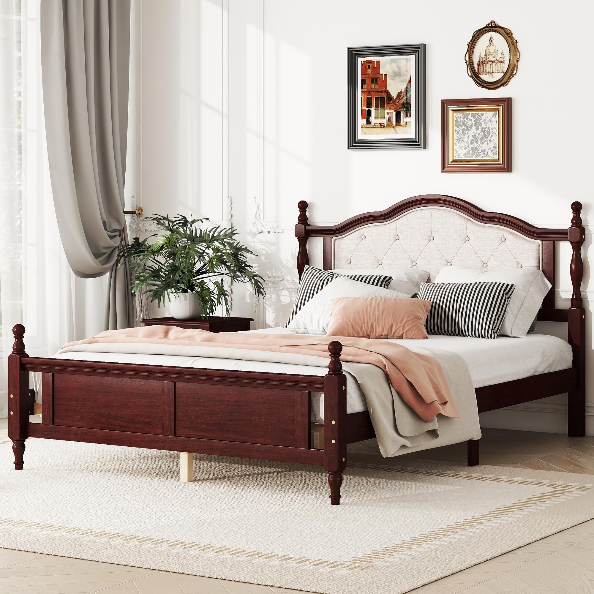 MKABAK Queen Size Bed Frame with Upholstered Headboard and Panel Footboard, Rustic Retro Style Pine Wood Platform Bed with Slat, No Box Spring Needed, Classic Cherry