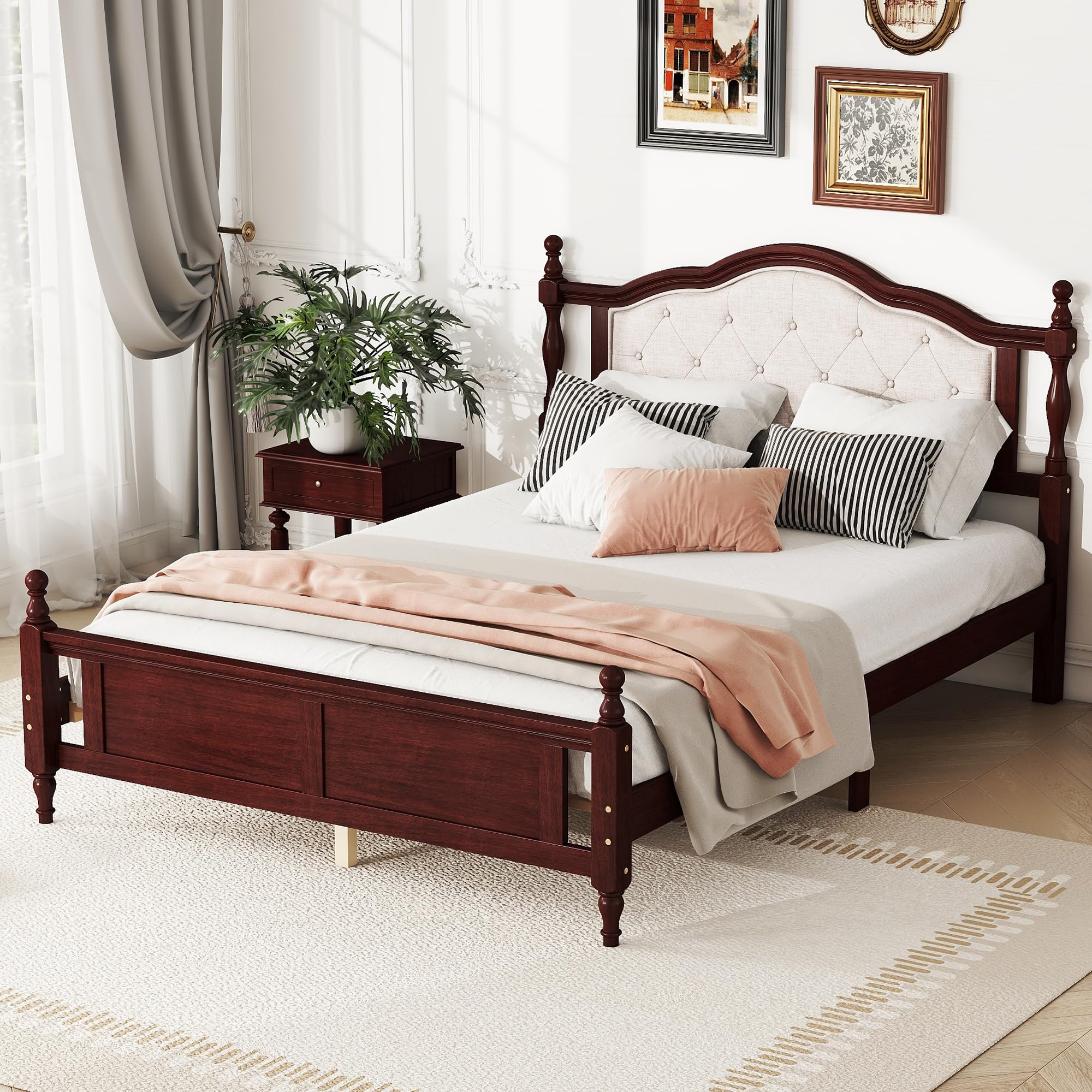 MKABAK Queen Size Bed Frame with Upholstered Headboard and Panel Footboard, Rustic Retro Style Pine Wood Platform Bed with Slat, No Box Spring Needed, Classic Cherry