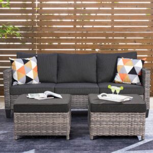 ovios 3 pieces patio furniture set outdoor sofa with ottomans, wicker rattan couch with footrests comfy cushions, all weather sofas couches for porch backyard garden, black